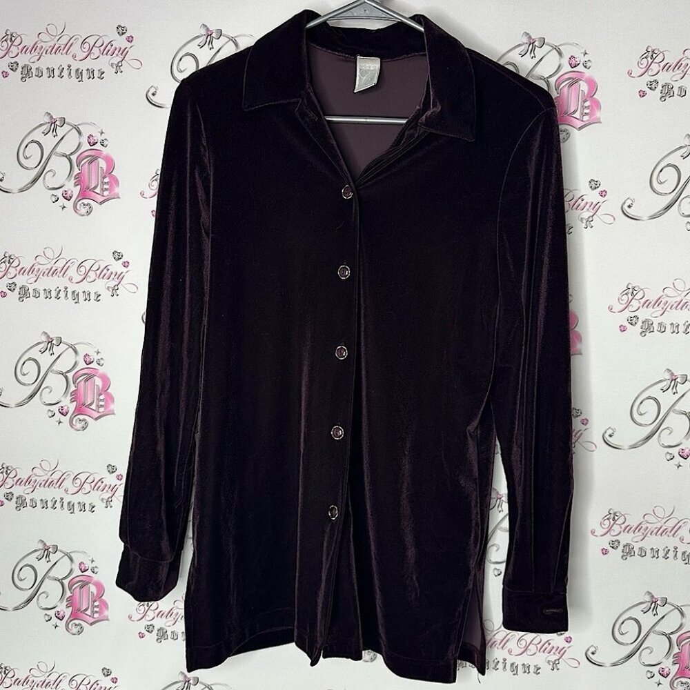 Cleo petites button up long sleeve Elegant Black Velvet velour Women's Top
